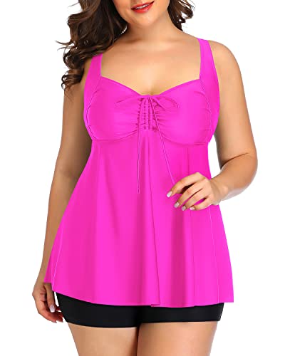 Women's Plus Size Tankini Swimsuits Flyaway Bathing Suits 2 Piece Swimwear-Hot Pink