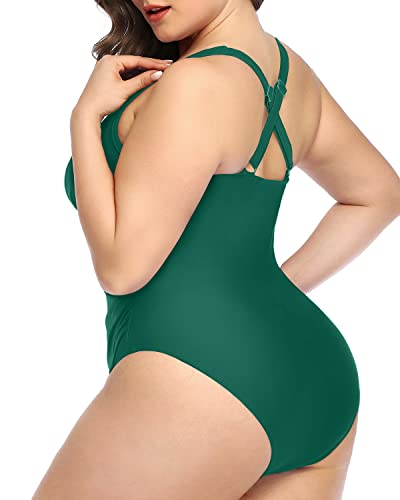 Criss Cross Back Plus Size Slimming One Piece Swimsuit-Emerald Green