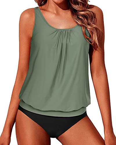 Push Up Bra Cups Blouson Tankini Swimsuits For Women-Olive Green