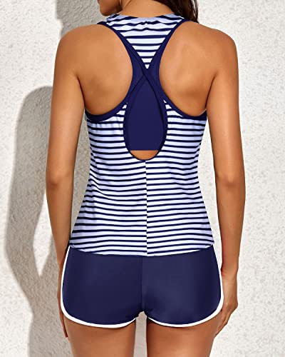 Women's Slimming 3-Piece Tankini Swimsuit Sports Bra And Boyshorts-Blue And White Stripes