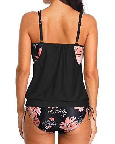 2 Piece Tankini Set Blouson Swim Tops And Bikini Bottoms-Black Floral