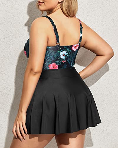 Full Bottom Coverage Plus Size Swimsuit One Piece Swimdress-Black Floral
