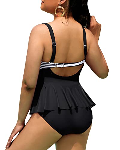 High Waisted Swim Bottom Tummy Control Swimsuits For Curvy Girls-Black And White Stripe