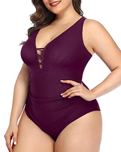 Deep V Neck Lace Up Plus Size Slimming One Piece Swimsuit-Maroon