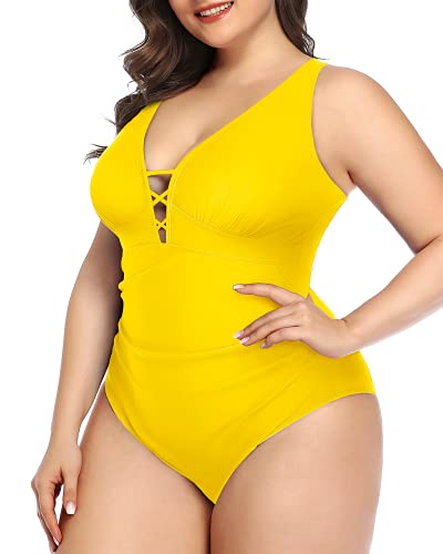 Sexy Ruched Detail Plus Size Slimming One Piece Swimsuit-Neon Yellow