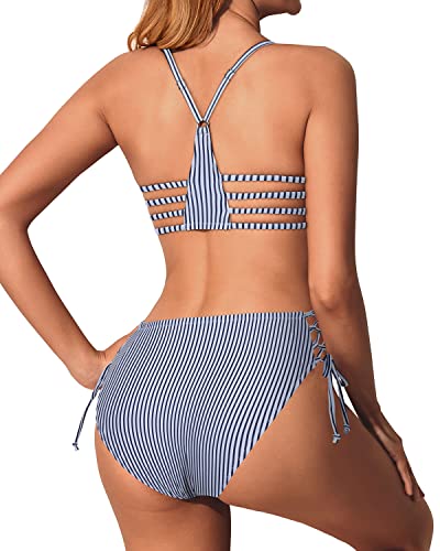 Strappy Two Piece Bikini Set Side Tie Bathing Suits Racerback Swimwear-Blue White Stripe