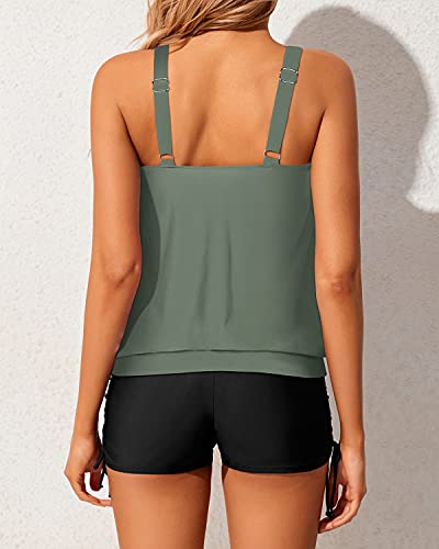 Women 2 Piece Bathing Suits Boyshorts Loose Fit Blouson Tankini Swimsuits-Olive Green