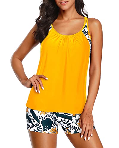 Women Double Up Tankini Top Two Piece Boy Shorts Bathing Suits-Yellow Floral