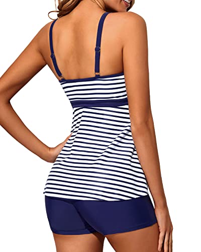Tummy Control Two Piece Tankini Bathing Suit For Women-Blue White Stripe