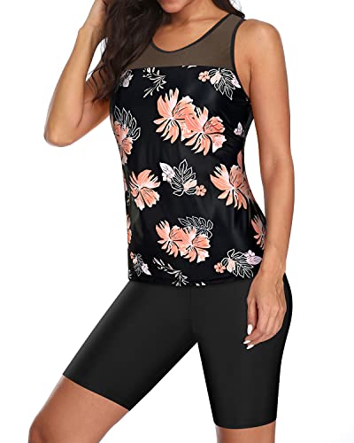 Racerback Tankini Swimsuit Shorts For Athletic Women-Black Orange Floral