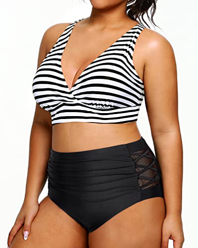 V Neck Adjustable Straps Plus Size Bikini High Waisted Swimsuits For Women-Black And White Stripe
