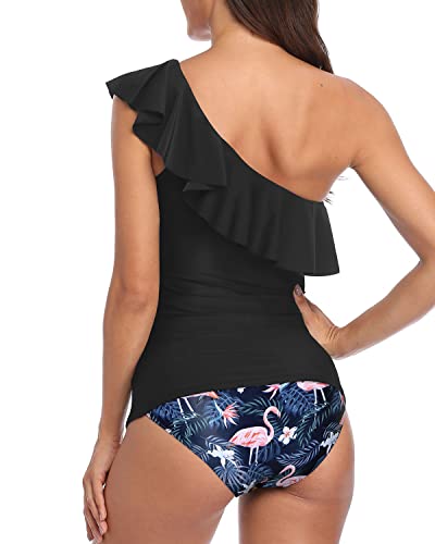 Flounce Trim Ruffle Tummy Control One Shoulder Tankini Swimsuits For Women-Black Flamingo