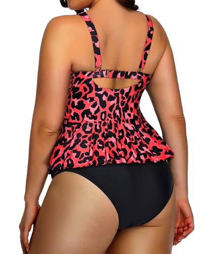 Lace Up Women's Plus Size Swimsuits Peplum Tankini Tops-Red Leopard