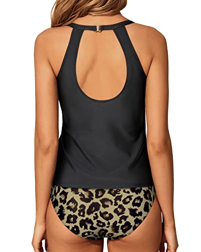Halter & Flattering Design Two Piece Tankini Bathing Suit-Black And Leopard