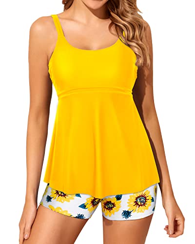U Neck Two Piece Tankini Bathing Suits For Women Boy Shorts Modest Swimwear-Yellow And Sunflower