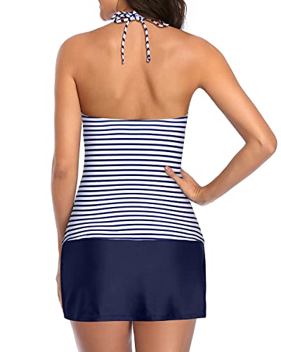 Adjustable Halter Tankini Skirted Bottom For Women-Blue White Stripe