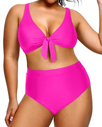 Plus Size Tummy Control Swimwear Bikini High Waisted Two Piece-Neon Pink