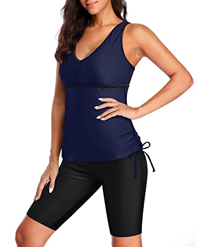 Two Piece Racerback Athletic Tankini Swimming Suit Built-In Bra For Women-Navy Blue