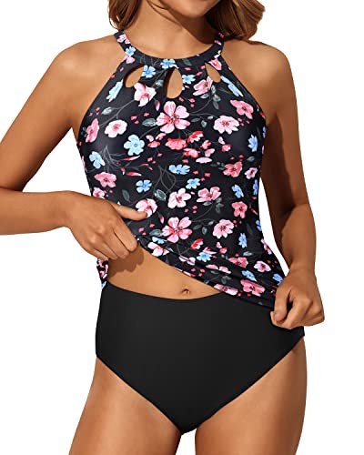 Long Torso Friendly High Waisted Tankini Set For Women-Black And Pink Floral