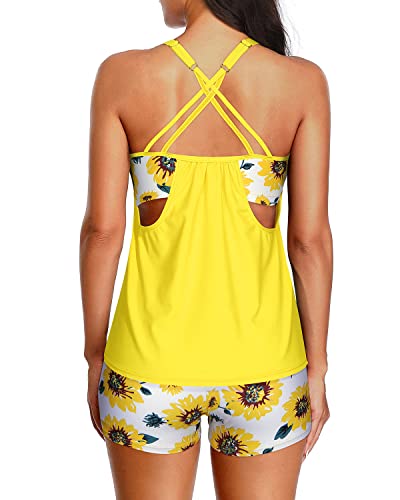 Criss Cross Back Tankini Swimsuits For Women-Yellow And Sunflower
