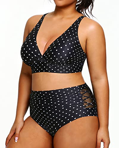 Plus Size Bikini High Waisted Two Piece Bathing Suits Tummy Control Swimwear-Black Dot