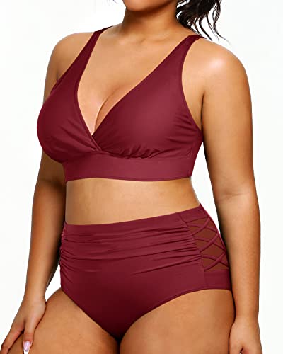 Ruched Full Lined Plus Size Bathing Suits High Waisted Bikini Swimsuits For Women-Maroon