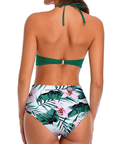Halter & Open Back Design 2 Piece Swimsuit For Women-Green Tropical Floral
