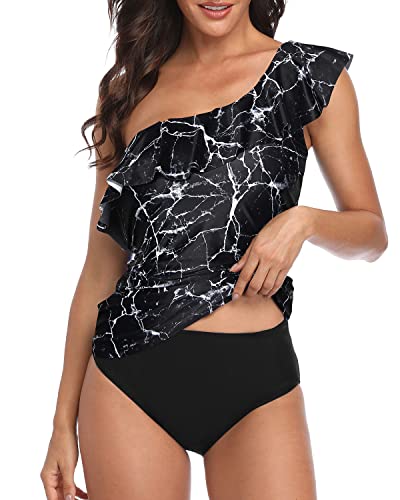 Women's One Shoulder Tankini Tummy Control Bathing Suits Ruffle Swimwear-Black Marble