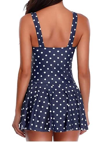 Modest Tummy Control One Piece Swimsuit Dress For Women-Blue Dot