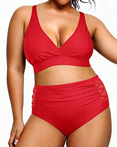 High Waisted Lattice Mesh Inset Plus Size Bathing Suits For Curvy Women-Red