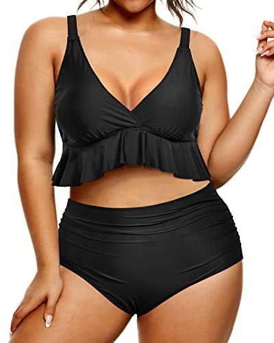 Women Plus Size High Waisted Bikini Set Tummy Control Ruffle Swimsuits For Women-Black