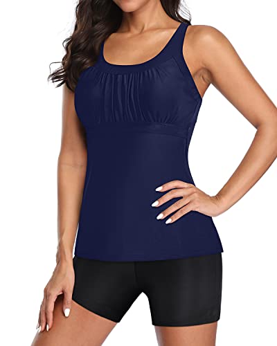 Criss Cross Detail Two Piece Tankini Bathing Suits For Women-Navy Blue