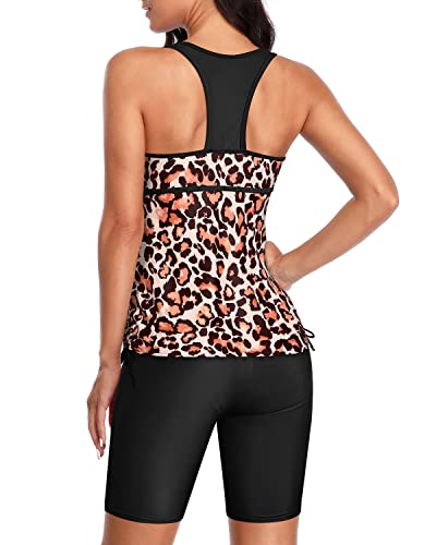 Women Athletic Bathing Suit Swim Capris Racerback Swimwear-Black And Leopard