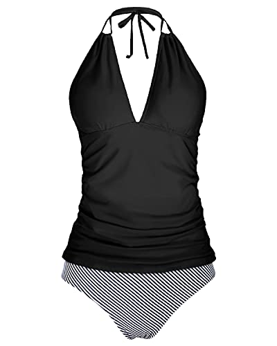 Tummy Control Bathing Suits Self-Tie Adjustable Straps Two Piece Tankini-Black Stripe