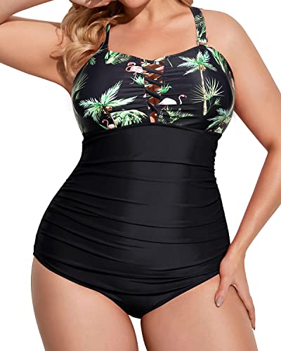 Ladies Criss Cross Back Design Plus Size One Piece Swimsuits-Black Palm Tree