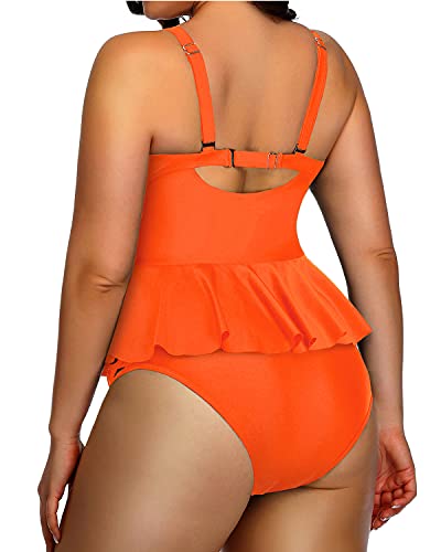 Lace Up Built In Padded Bra Plus Size Bathing Suits For Women-Neon Orange