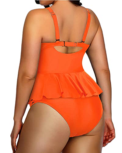 Lace Up Built In Padded Bra Plus Size Bathing Suits For Women-Neon Orange