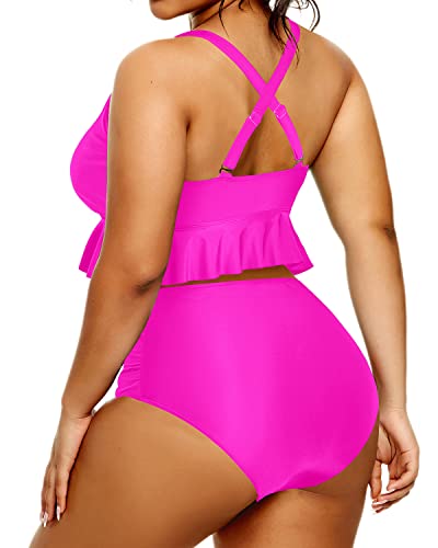 Plus Size Two Piece Bikini Set Tummy Control Ruffle Swimsuits For Women-Neon Pink