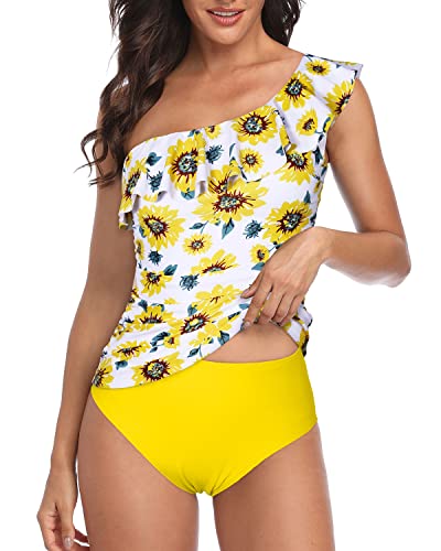 Flounce Trimmed Tankini One Shoulder Swimsuits For Women-Yellow And Sunflower