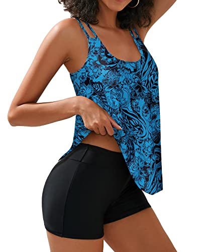 Women's U Neckline Tankini Tops & Boy Shorts Juniors Bathing Suit-Black And Tribal Blue