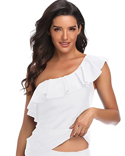 Front Ruched Strapless Bathing Suit Tops Tummy Control Swimsuit Tops-White