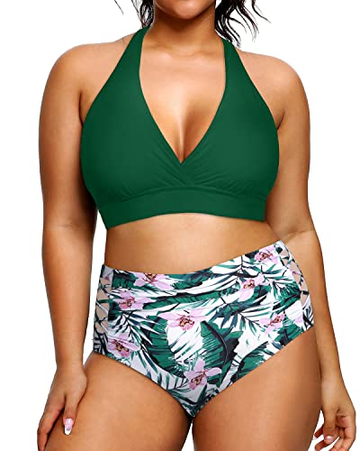 Plus Size Two Piece Bikini Removable Push Up Padded Bra For Women-Green Tropical Floral