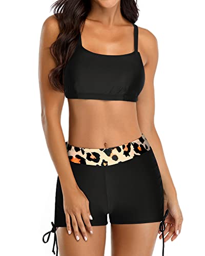 Women's Athletic Bathing Suit Shorts And Push Up Padded Bra-Black Leopard