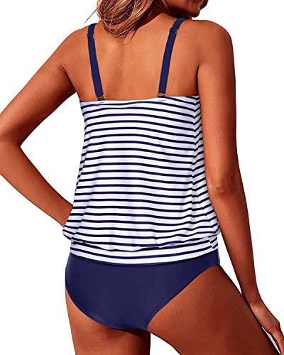 Flattering Bathing Suits Blouson Swimsuits For Women-Blue White Strip