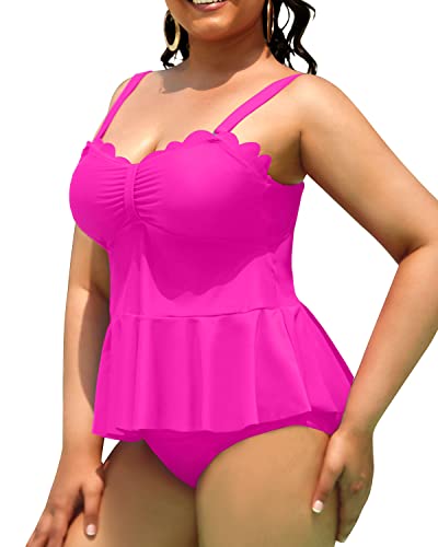 Two Piece Peplum Swimwear For Women Plus Size Scalloped Swimsuits-Neon Pink