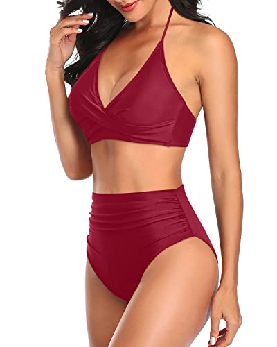 Bathing Suit Criss Cross Twist Front Halter Top Tummy Control Swimsuit-Red