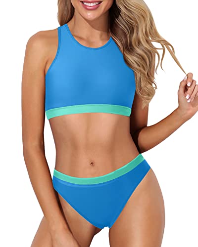 High Cut Two Piece Swimsuits For Teen Girls Push Up Sports Bra-Light Blue And Light Green