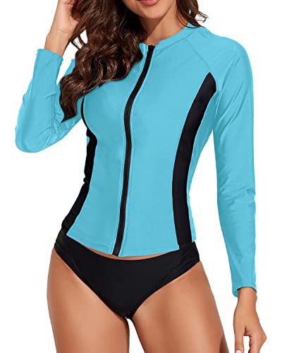Upf 50+ Long Sleeve Swim Shirts 2 Piece Rash Guard For Women-Aqua