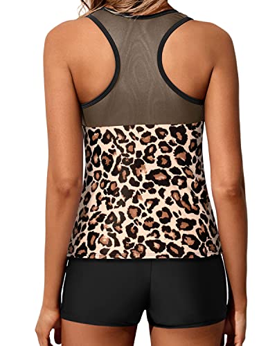 Modest Two Piece Bathing Suits - Tankini Swimsuits For Women Shorts-Black And Leopard