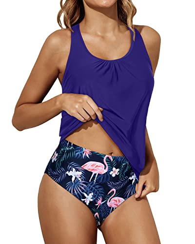 Blouson Women Tankini Swimsuits Tummy Control Two Piece Bathing Suits-Blue Flamingo